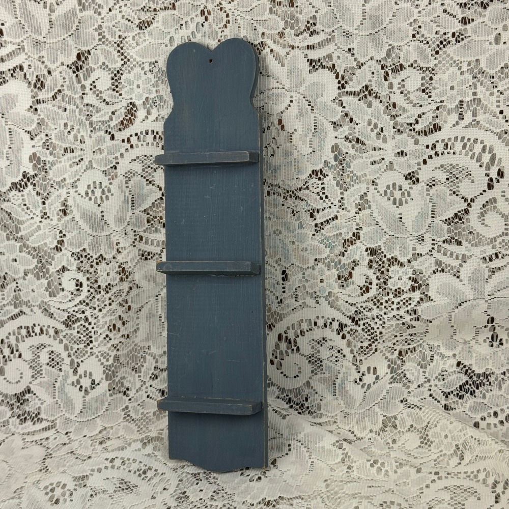 Primitive Blue Wooden Heart Wall Shelf 3-Tier Miniature Display Farmhouse Decor